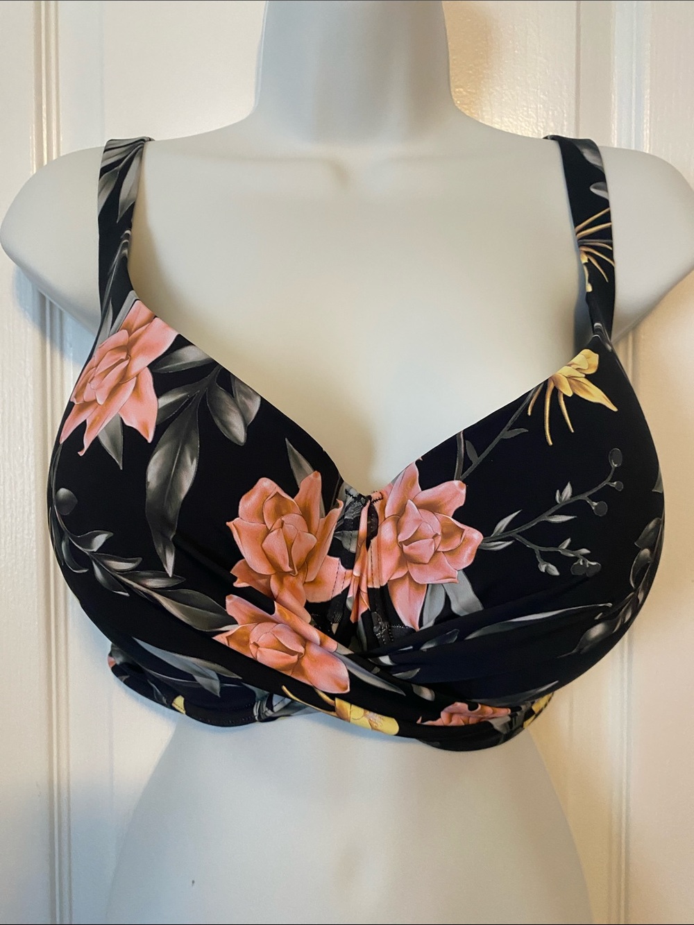 La Vie En Rose Black Floral Molded Cup Crop Top with Pink & Yellow Blooms